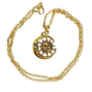 NEW Sun Man in the Moon Face Necklace Celestial Jewelry Long Antique Gold